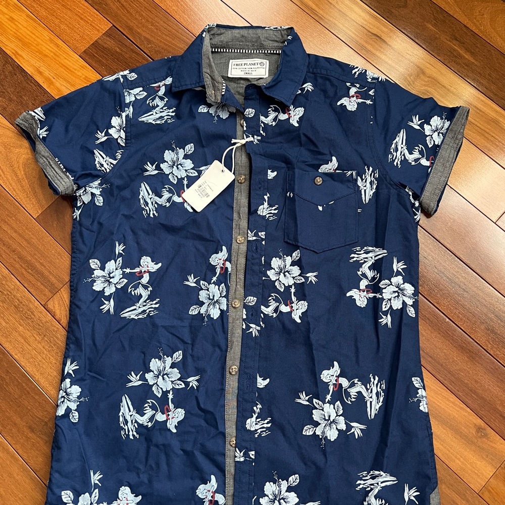 Free Planet Blue and White Casual Button Down Shirt